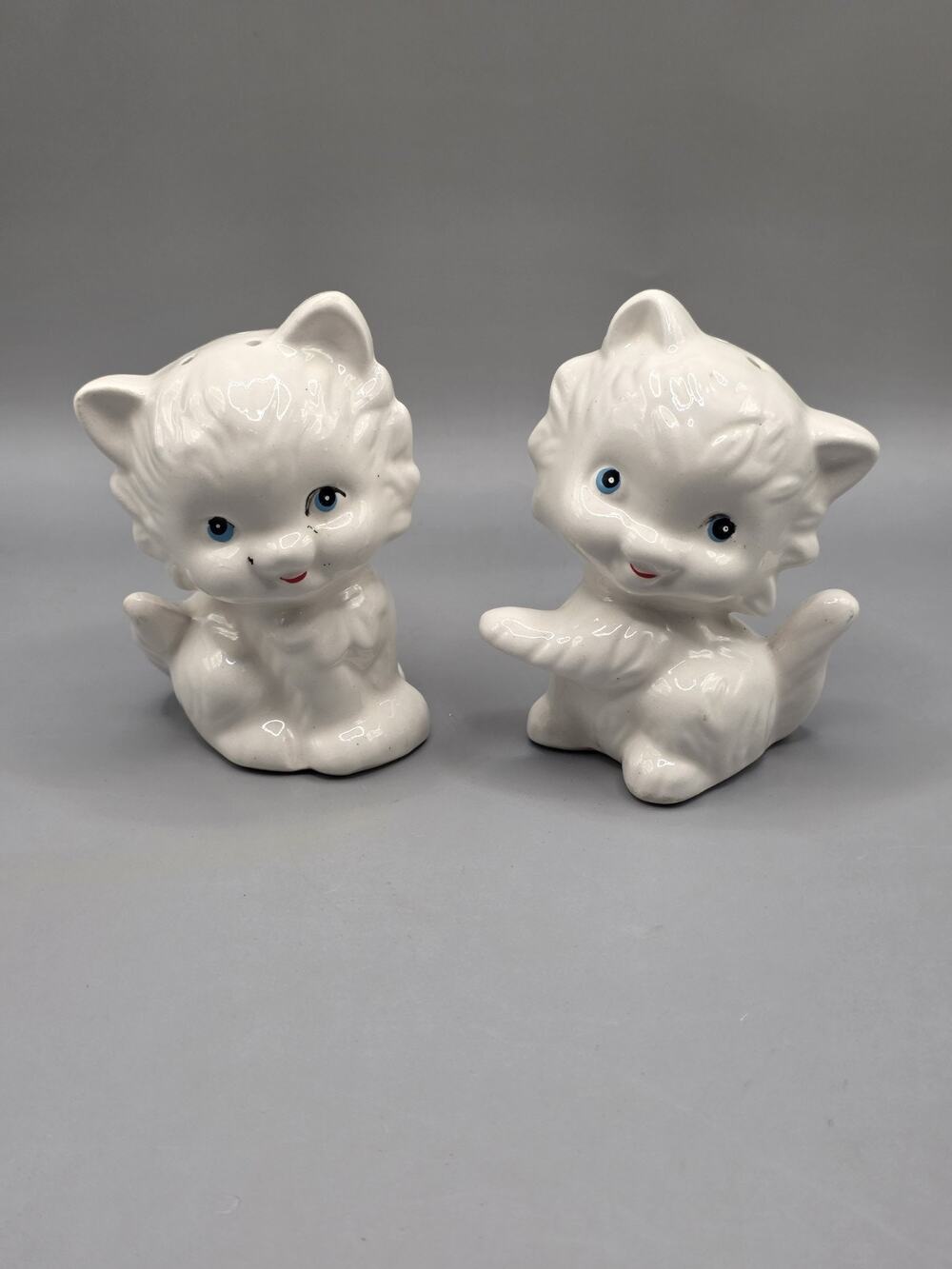 Vintage White Cat Kitten Ceramic Salt and Pepper Shakers Blue Eyes Kitsch",